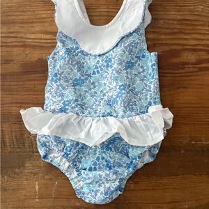 Blue and White Floral One Piece Swimsuit with Ruffles